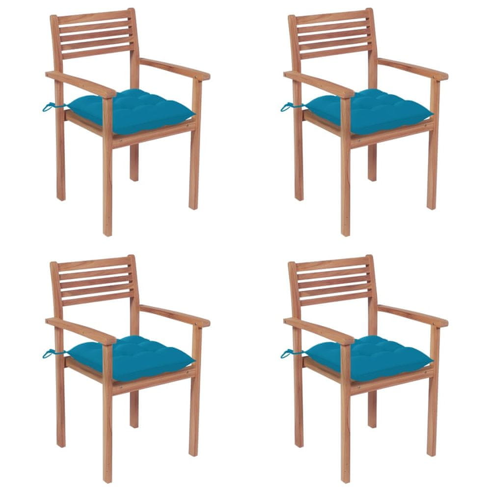 Vidaxl Záhradné stoličky 4 ks bledomodré podložky teakový masív